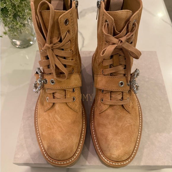 Jimmy Choo Cora Caramel Suede Combat Boots with Crystal Buckle - Picture 5 of 8